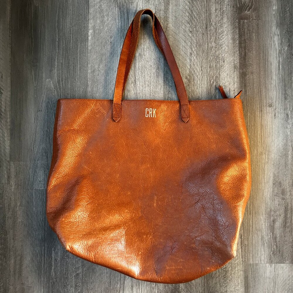 CRK Leather Tote Shoulder Bag - Camel Brown, Large Leather Tote